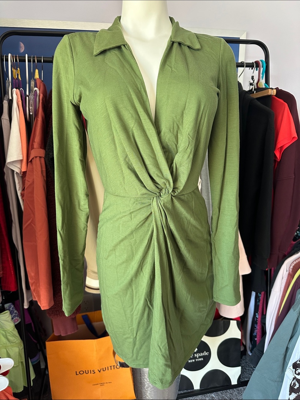 Reformation Olive Green Twist-Waist Long Sleeve Dress